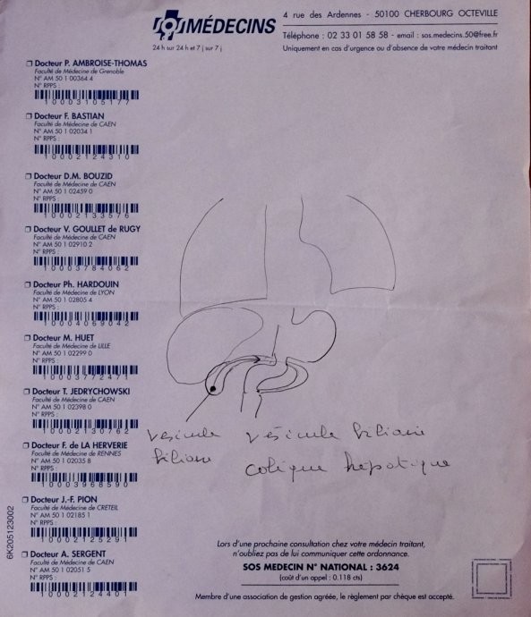 Een echte artist onze SOS dokter !  Diagnose met tekening van een zeer pijnlijk stipje.